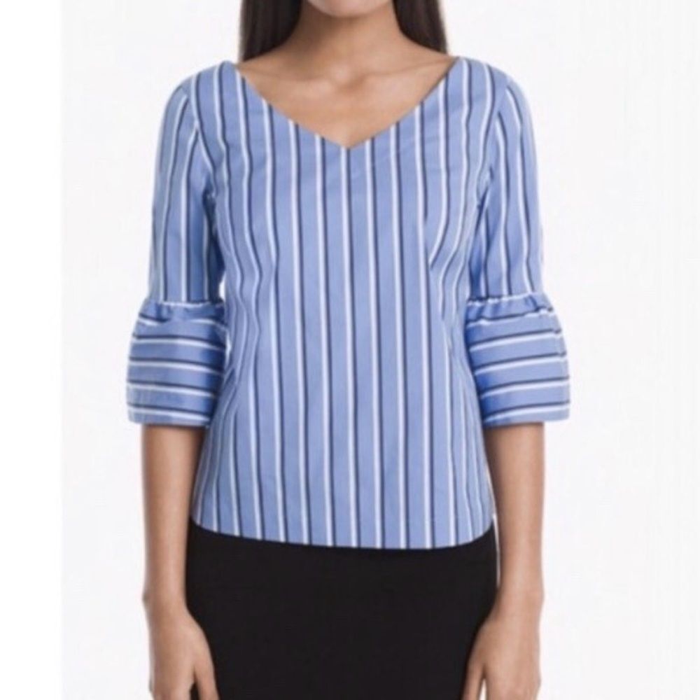 White House Black Market V Neck Bell 3/4 Sleeve Blouse Blue Size 12 EUC